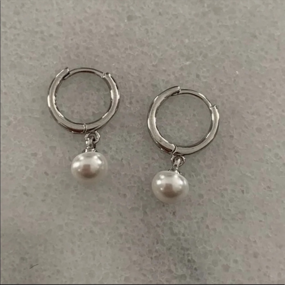 Sterling Silver Huggie Hoop Dangle Pearl Earrings
Brand New